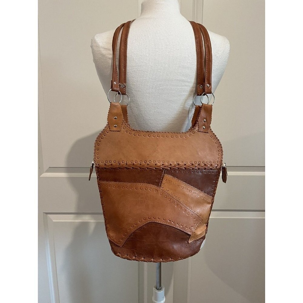 Handmade Mexico Tooled patch whipstitch Art Worked Leather Shoulder Bag Signed